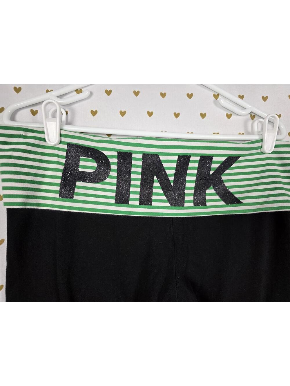 Victorias Secret PINK Green Stripe Glitter Bling FOLDOVER YOGA PANTS Flared XL - Picture 2 of 5